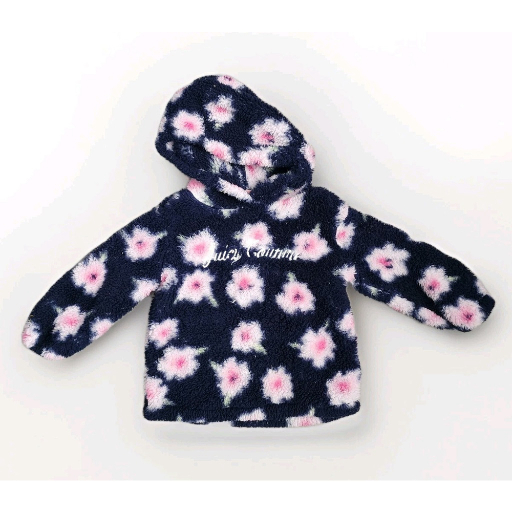 Juicy Couture Toddler Girls Navy Pink Floral Sherpa Fleece Hoodie Sweatshirt 2T